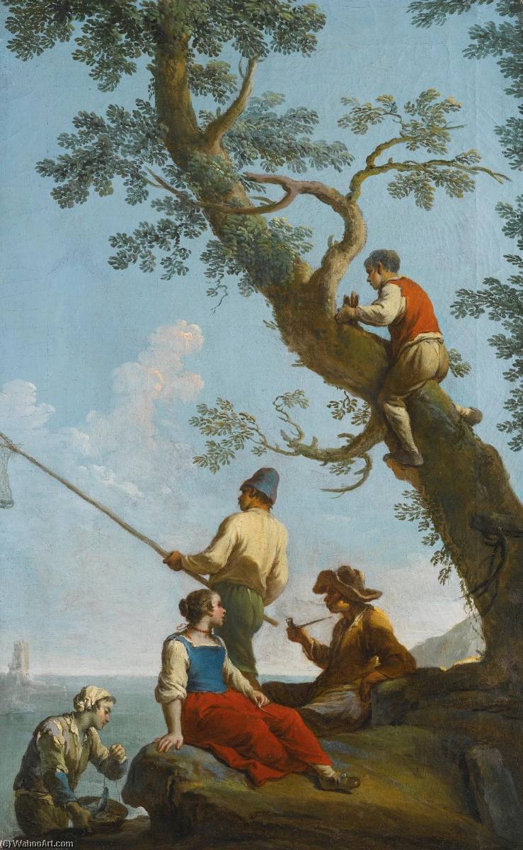 A Man Fishing On The Coast, With A Group Of Other Figures At Leisure — Paolo Monaldi