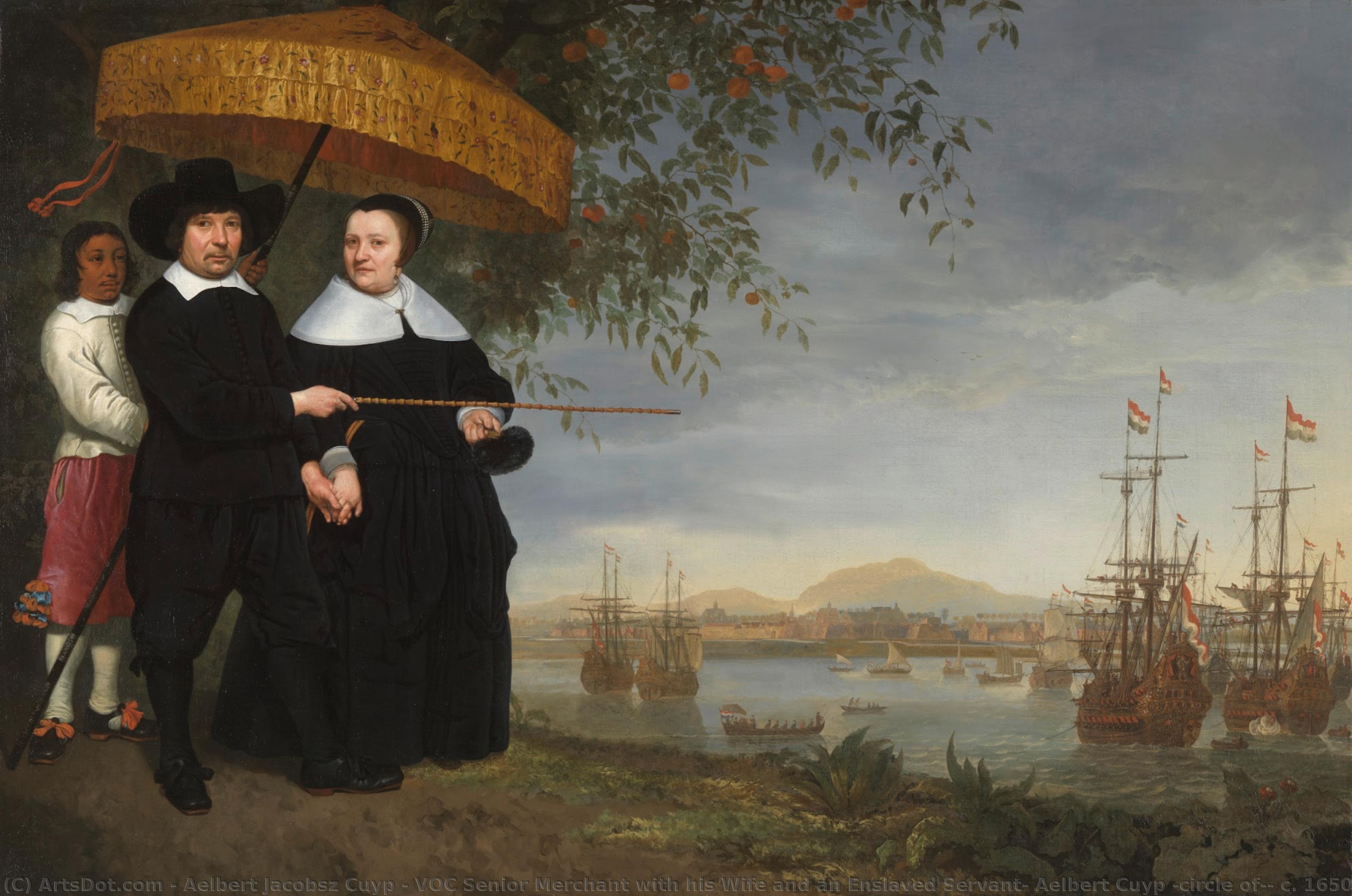 Voc Senior Merchant With His Wife And An Enslaved Servant, Aelbert Cuyp (circle Of), C. 1650 - C. 1655 — Aelbert Jacobsz Cuyp