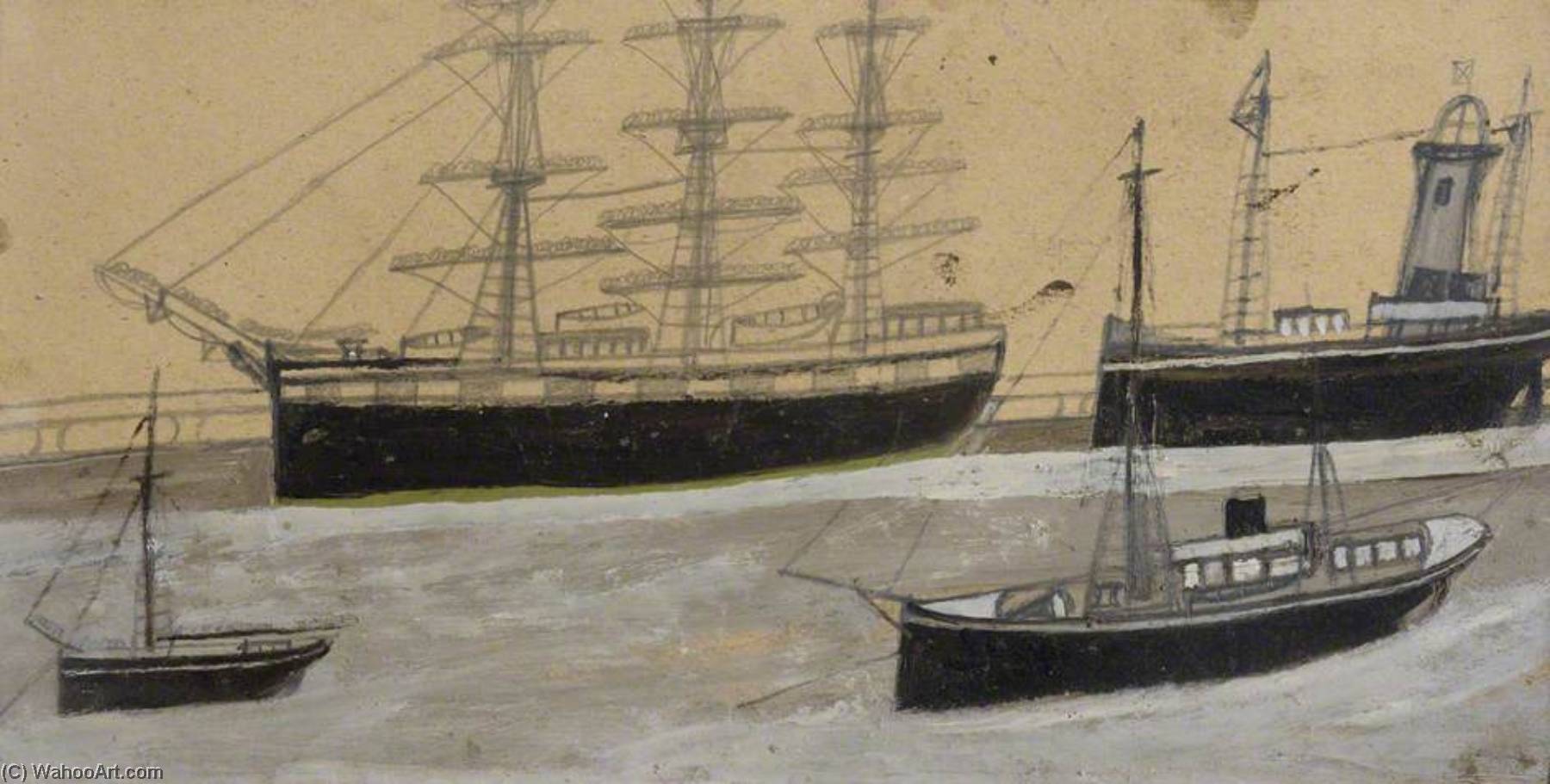 Three Master And Steamer In Port (verso) — Alfred Wallis