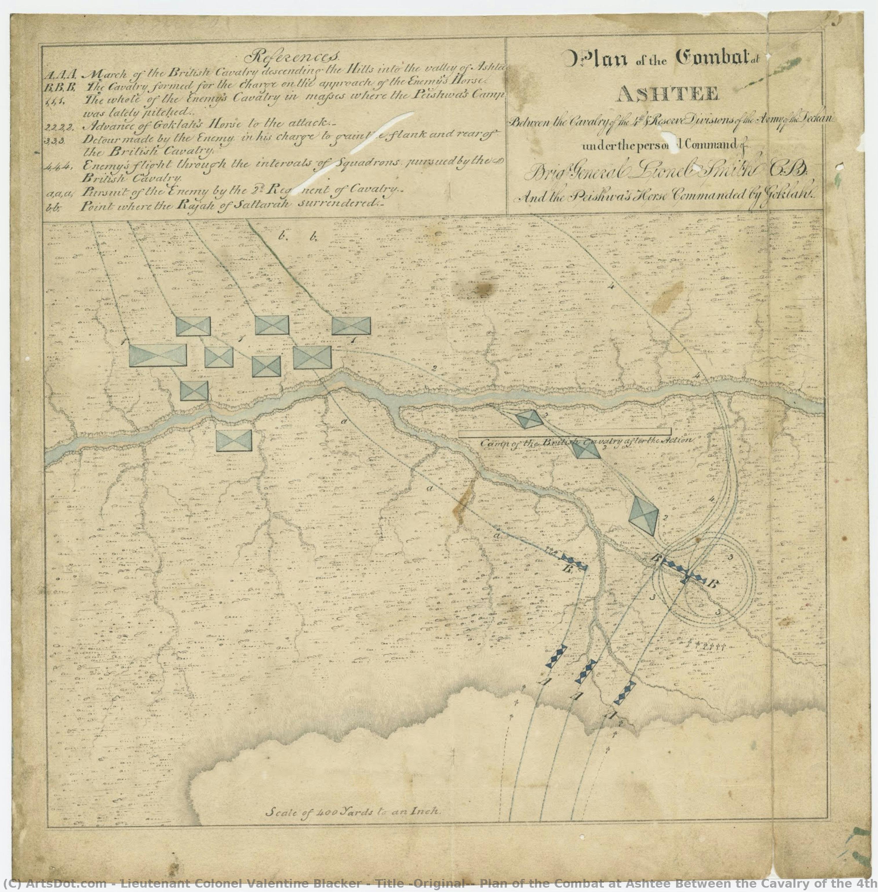 Title (original): Plan Of The Combat At Ashtee Between The Cavalry Of The 4th & Reserve Divisions Of The Army Of The Deckan Under The Command Of Brig. General Lionel Smith, C.b. And The Pasha’s Horse Commanded By Geklahl. — Lieutenant Colonel Valentine Blacker