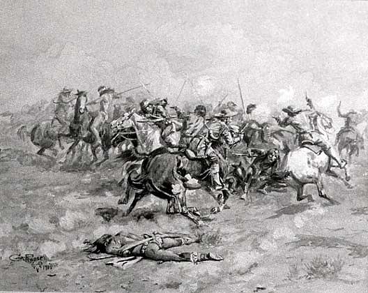 The Trappers Passed Through Them With Their Colts Revolvers, (painting) — Charles Marion Russell