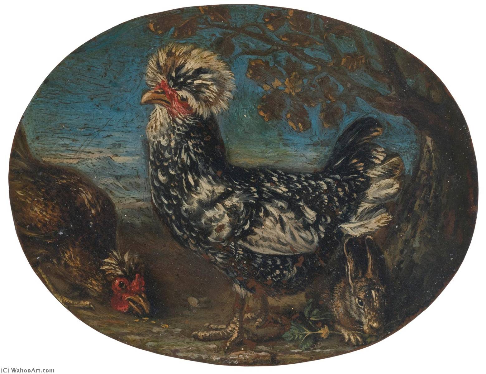Roosters And A Rabbit In A Landscape — David De Koninck