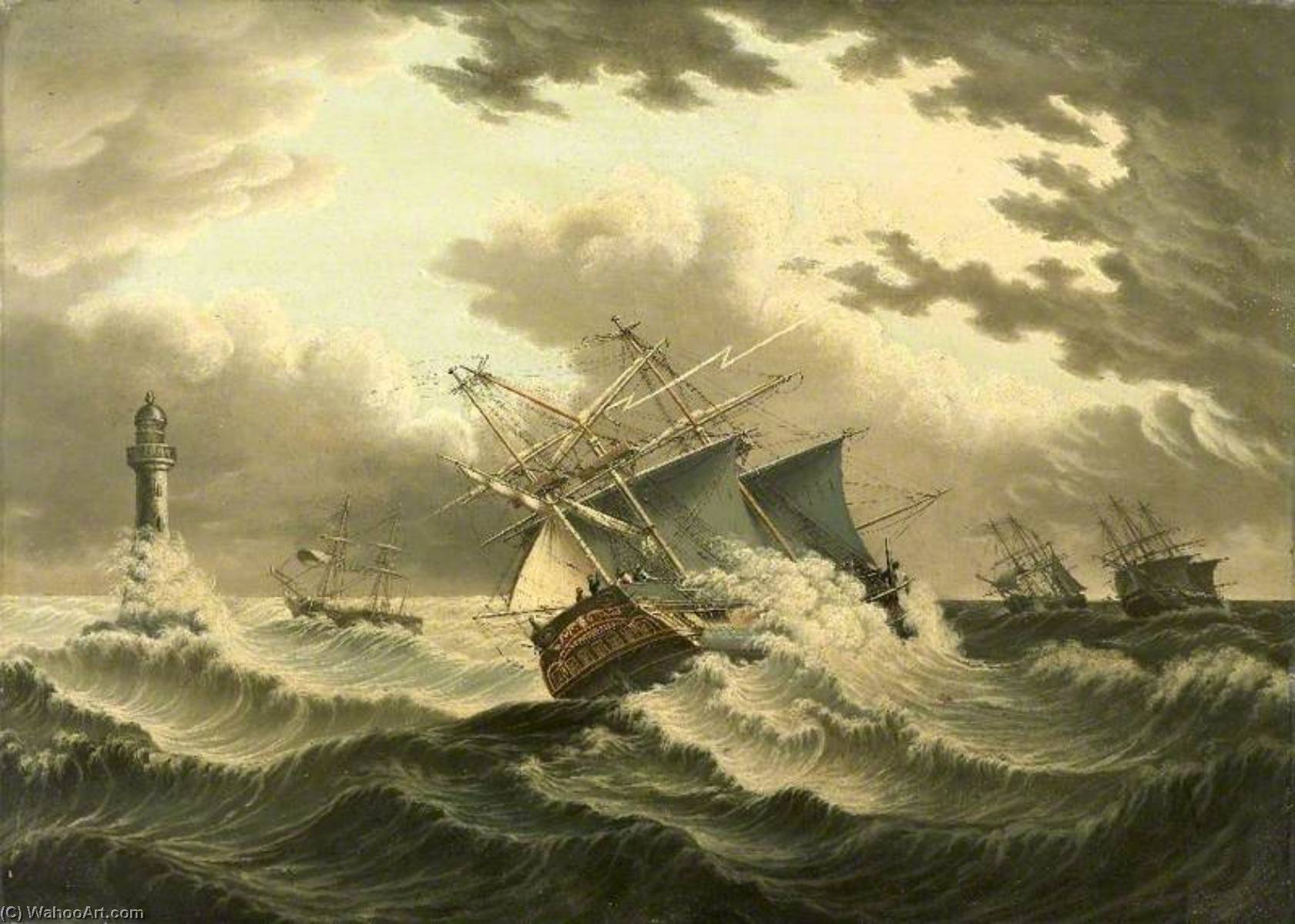 A Barque Struck By Lightning Off Eddystone Lighthouse, Cornwall — James H Wheldon