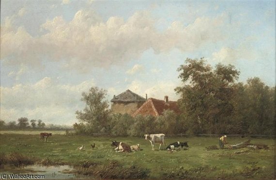 Cattle Grazing With A Farmstead Beyond — Anthonie Jacobus Van Wijngaerdt
