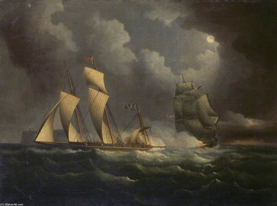 A Smuggling Lugger Chased By A Naval Brig — トーマス・バタースワース