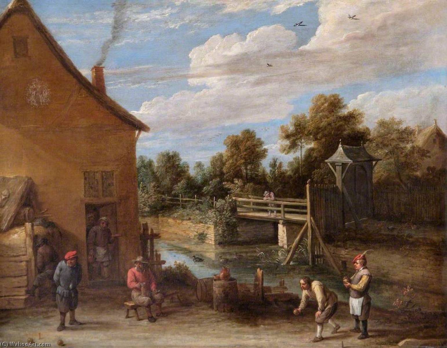 Peasants Playing Bowls In Front Of An Inn By A River — David Teniers Der Jüngere