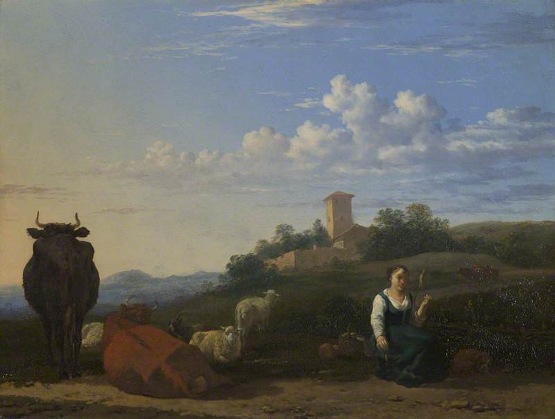 A Woman With Cattle And Sheep In An Italian Landscape — Karel Dujardin