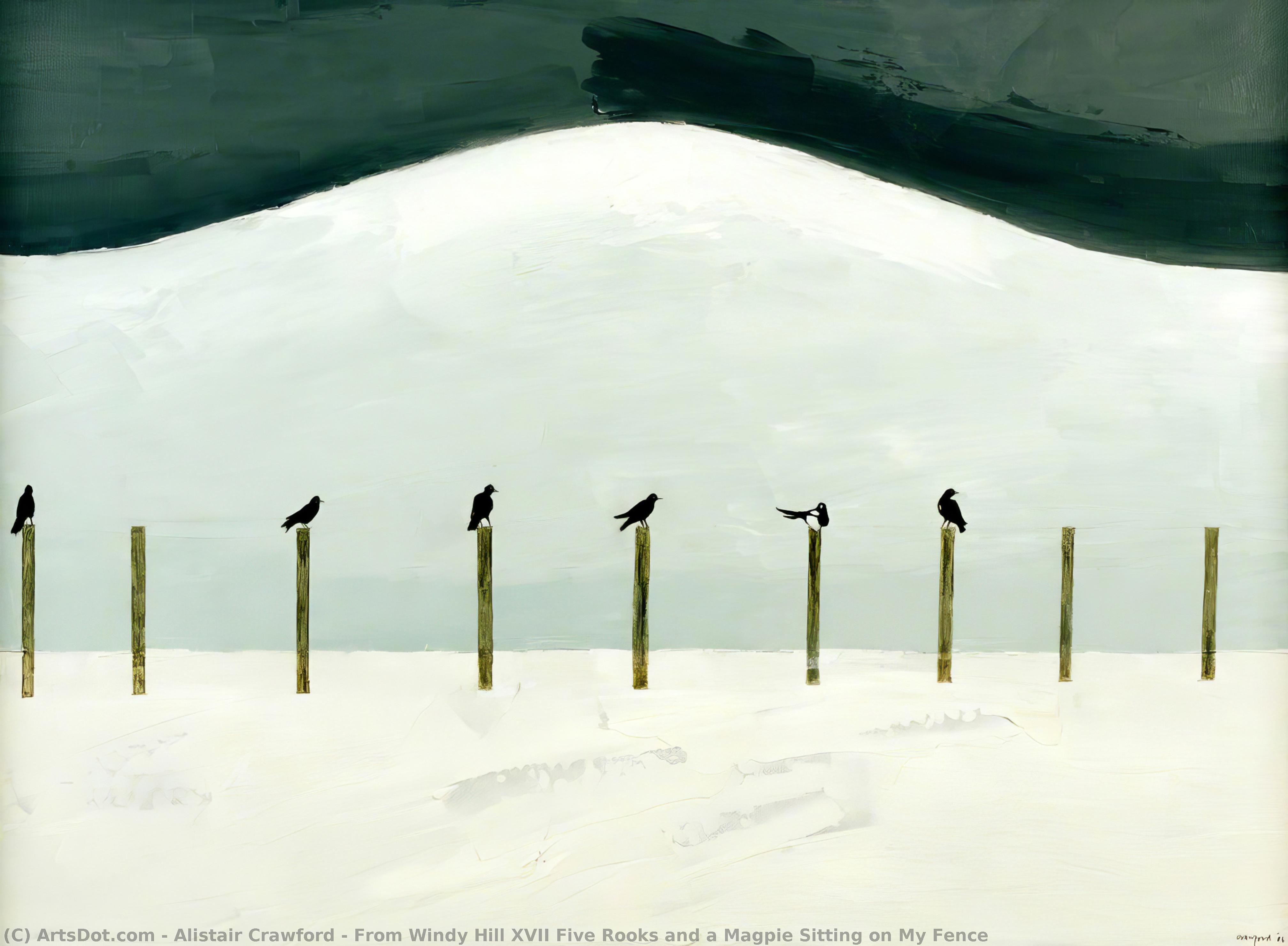 From Windy Hill Xvii Five Rooks And A Magpie Sitting On My Fence — Alistair Crawford