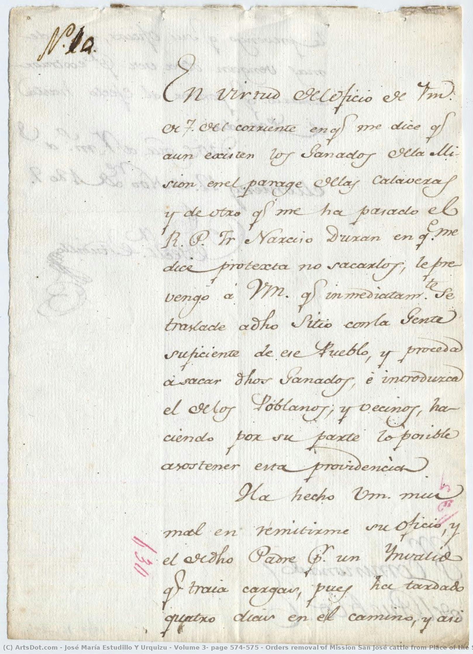 Volume 3, Page 574-575 / Orders Removal Of Mission San José Cattle From Place Of The Skulls\n\npage 1 — Žosé Marija Estudilo I Urkizu