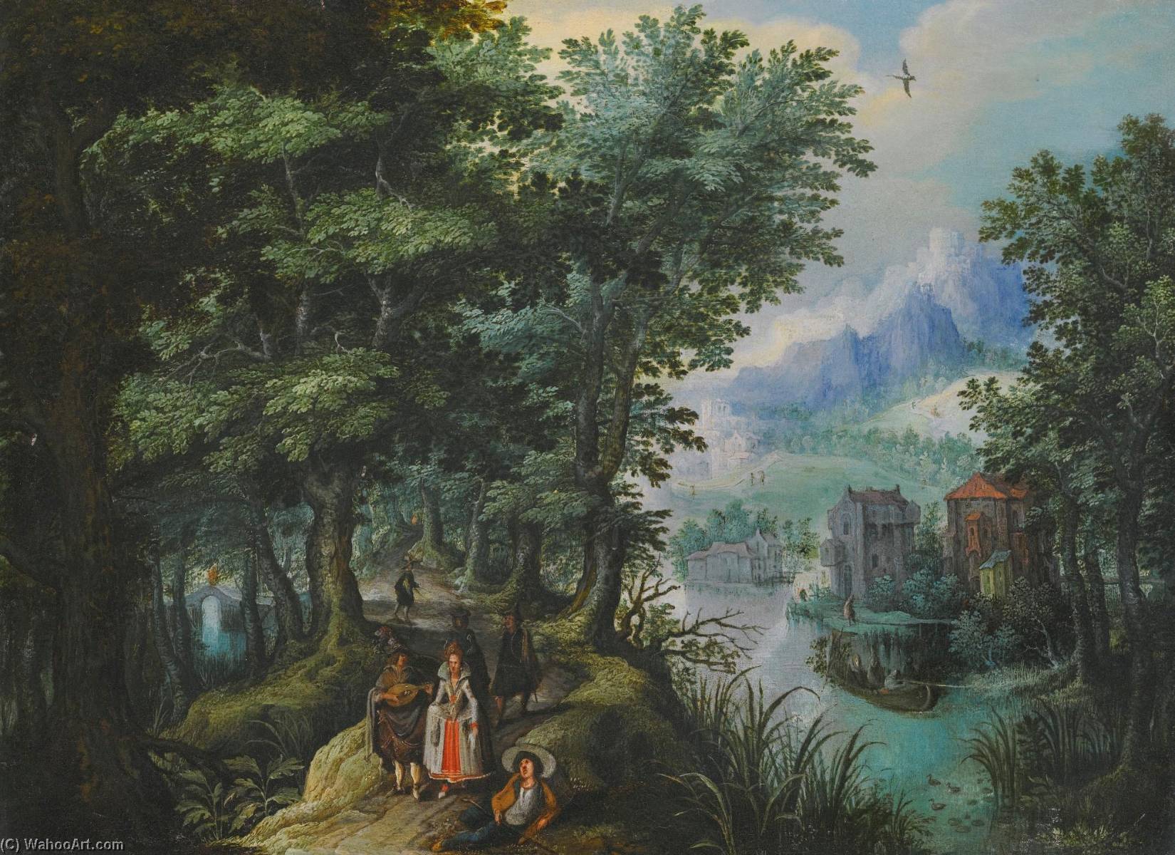 A River Landscape With Elegant Figures On A Path, A Village On The Far Bank — Anton Mirou