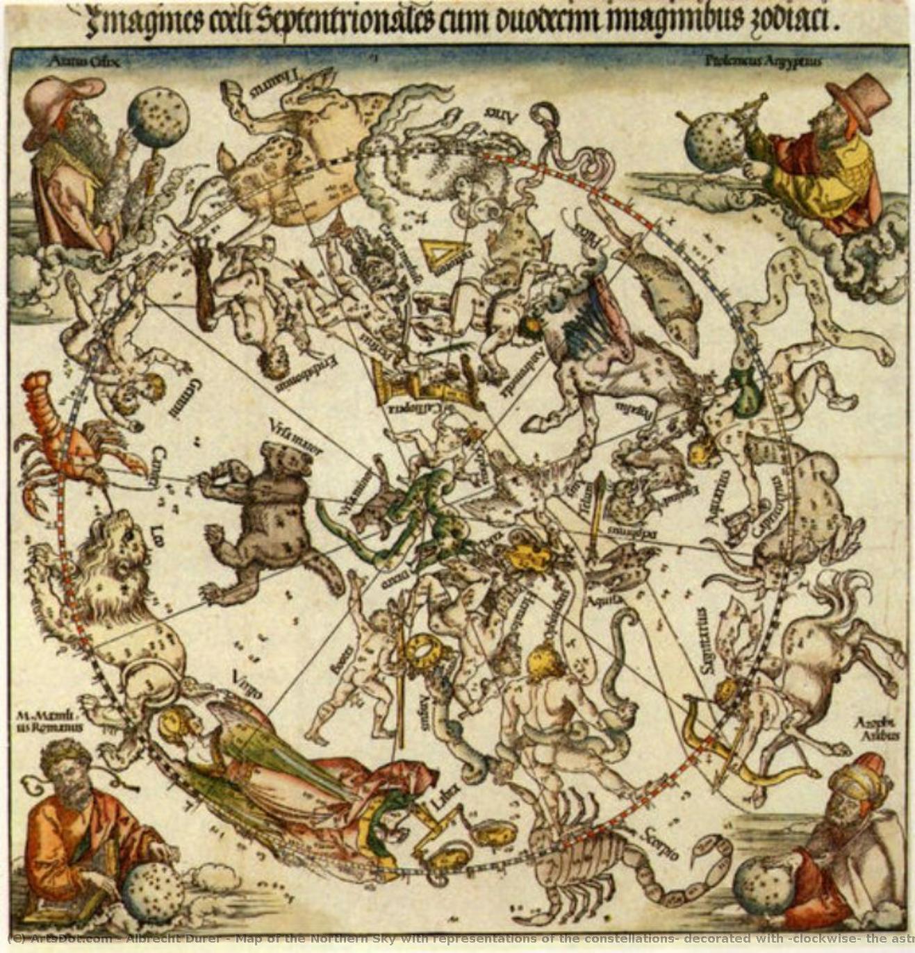 Mapa Del Cielo Del Norte Con Representaciones De Las Constelaciones, Decorado Con (en Sentido Horario) Los Astrónomos Aratus Cilix, Ptolemaeus Aegyptus, Azophi Arabus (addorrhaman Al Sufi) Y M. Manlius Romanus, Diseñado Por El Matemático De Núremberg Y .. — Albrecht Dürer