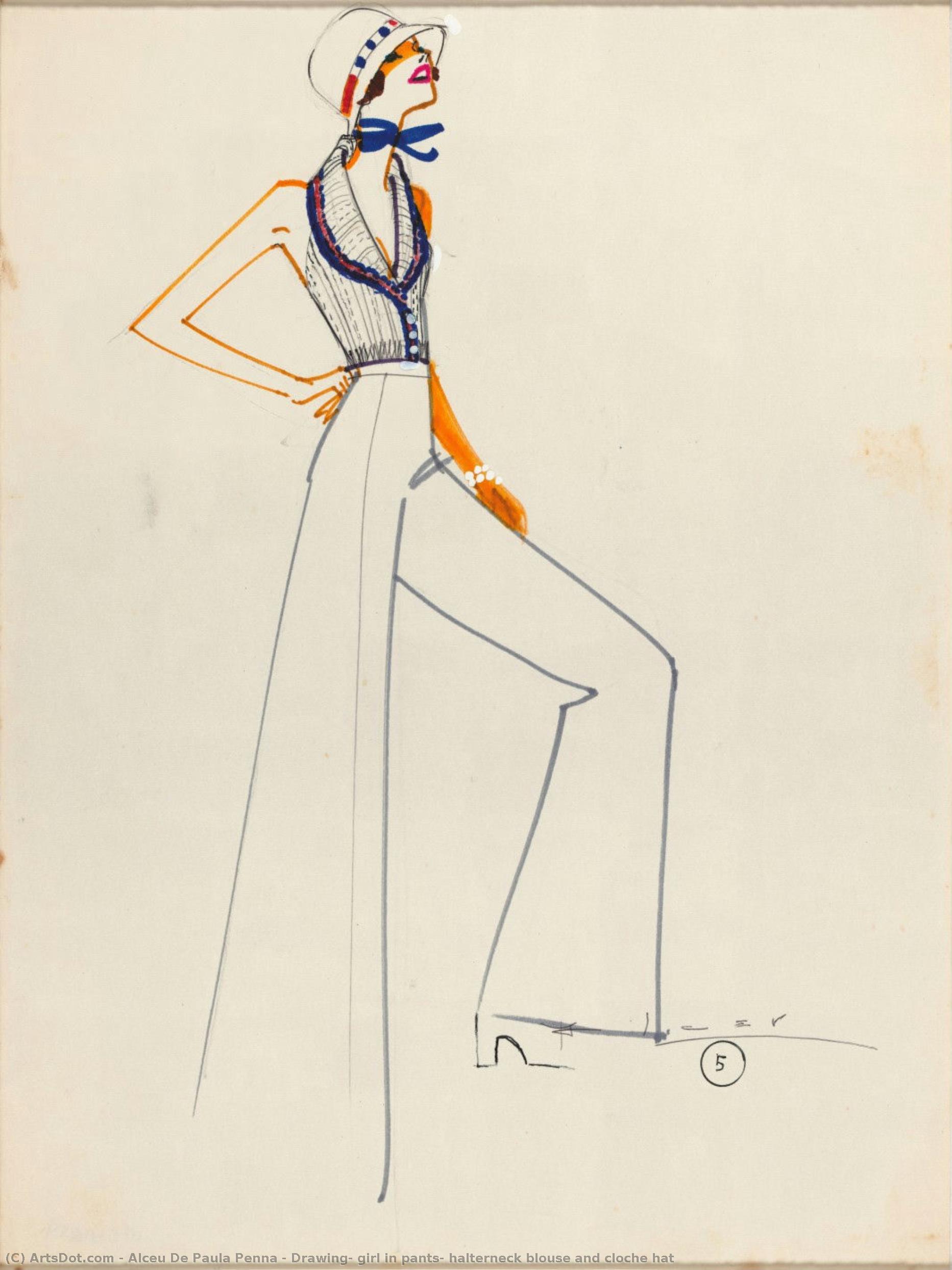 Drawing, Girl In Pants, Halterneck Blouse And Cloche Hat — Alceu De Paula Penna