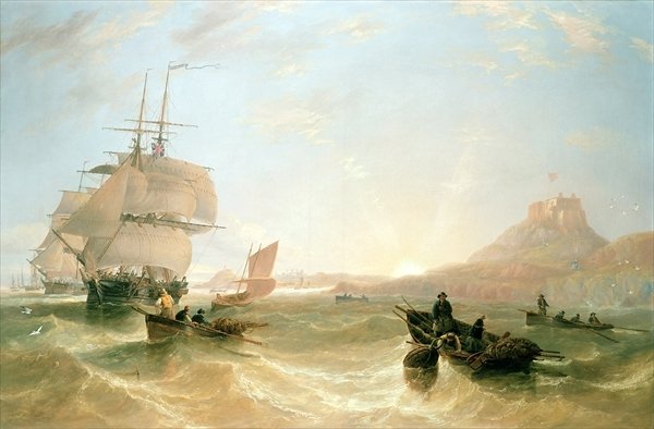 Squadron Of Frigates And Fishing Vessels In A Choppy Sea Off Holy Island — John Wilson Carmichael