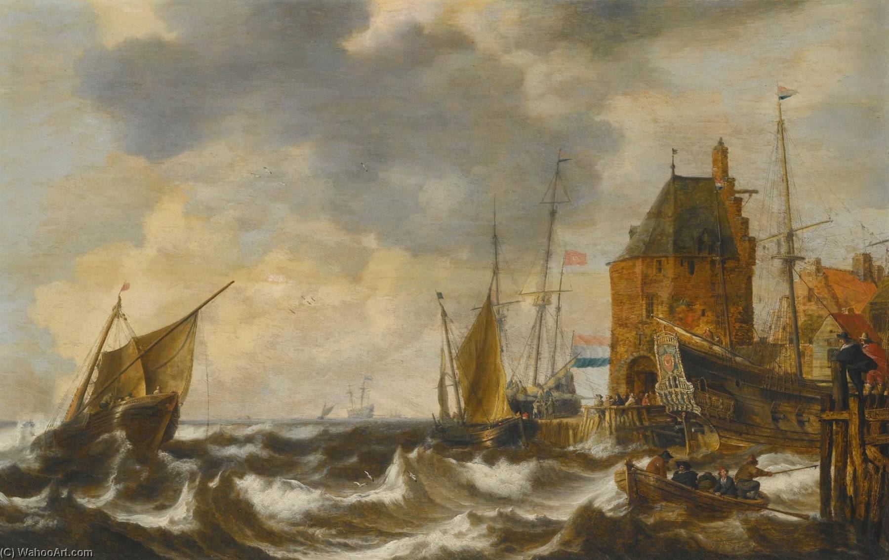 Dutch Vessels And A Rowing Boat On Choppy Waters By A Small Harbour Town — Bonaventura I Peeters