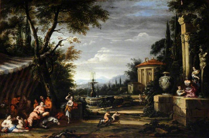 Bacchanal In A Garden, With The Temple Of Vesta And A Fountain — Filippo Lauri