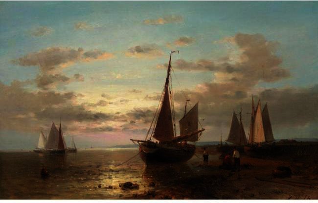 Fisherman And Their Boats At Evening, Other Boats Offshore — Abraham Hulk Senior