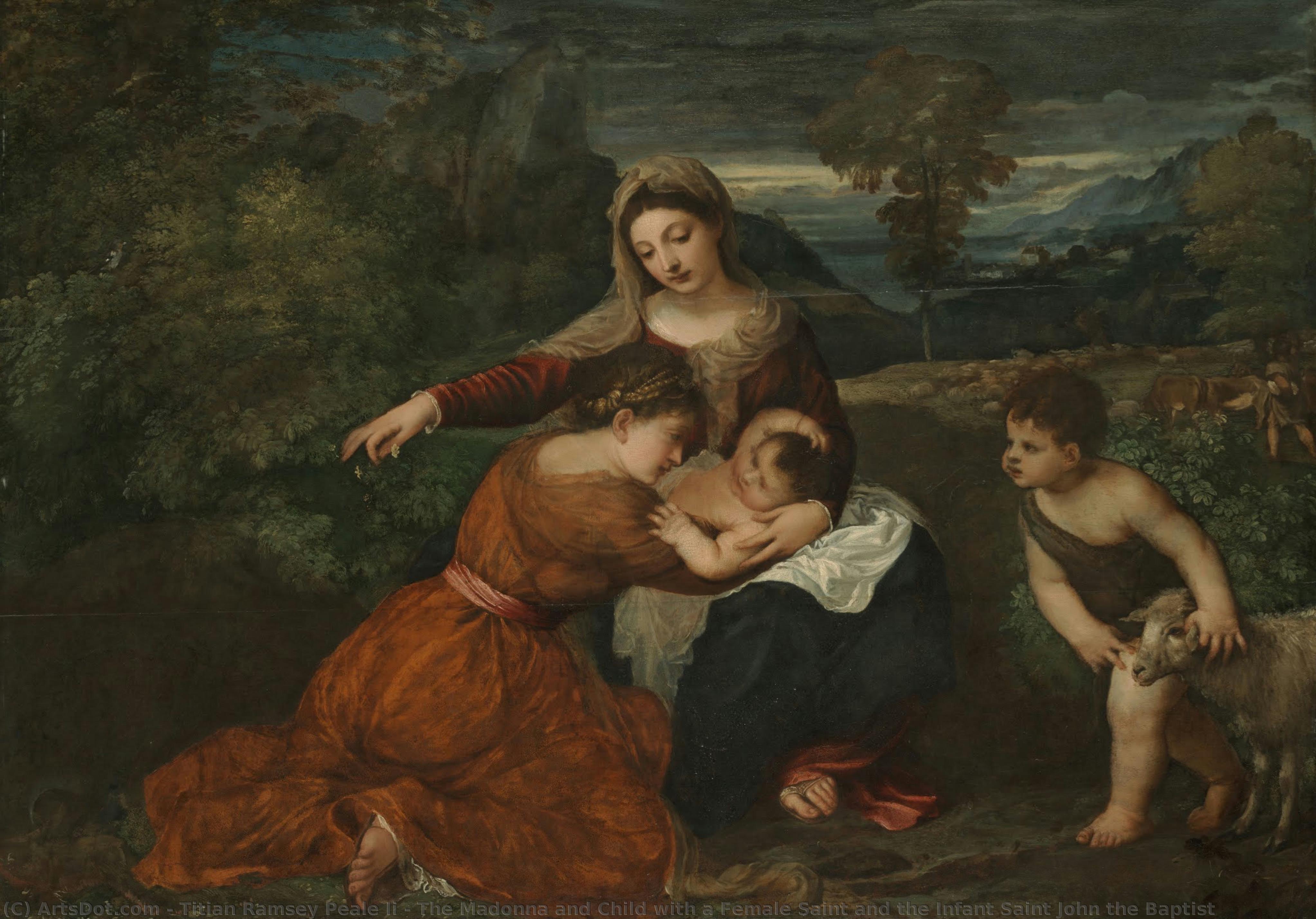 Die Jungfrau Mit Dem Kind Mit Einer Weiblichen Heiligen Und Dem Unbefleckten Kind Johannes Dem Baptist — Tizian Ramsay Peale Ii