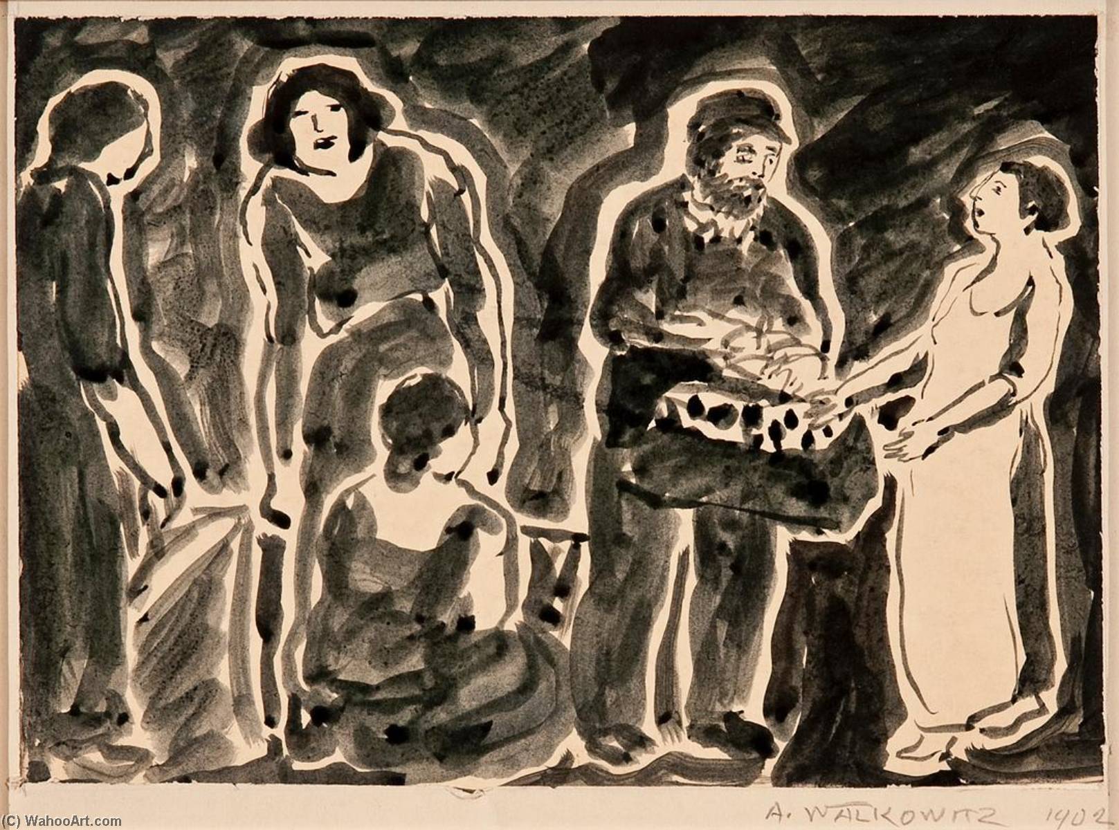 Four Women With Man And Basket — Abraham Walkowitz