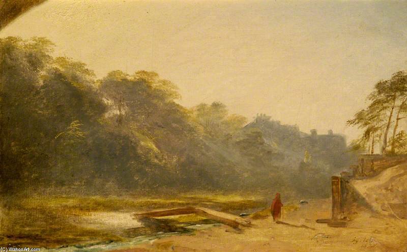 Sketch Of A Figure Walking By A Stream — James William Giles
