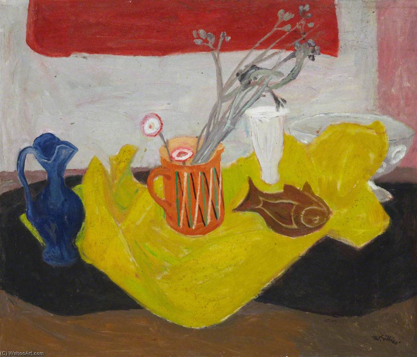 Still Life With Orange Jug, Flowers And A Yellow Cloth — Sir William George Gillies