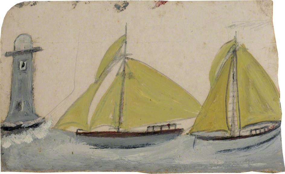 Two Boats With Yellow Sails And Lighthouse — Alfred Wallis