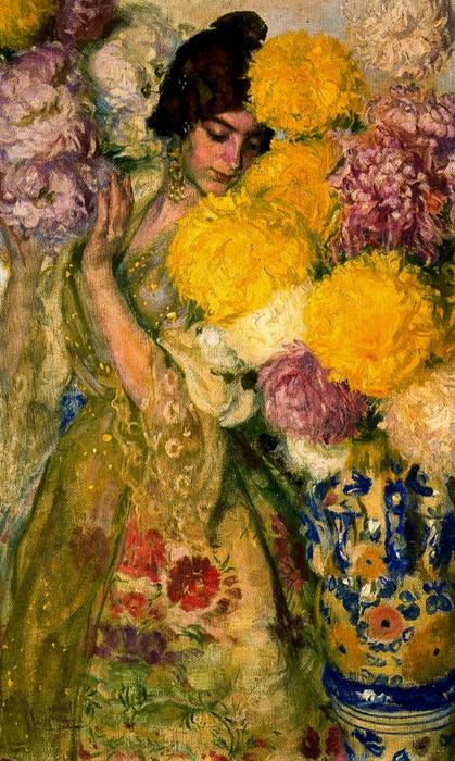 Valencian Girl With Chrysanthemums — José Mongrell Torrent