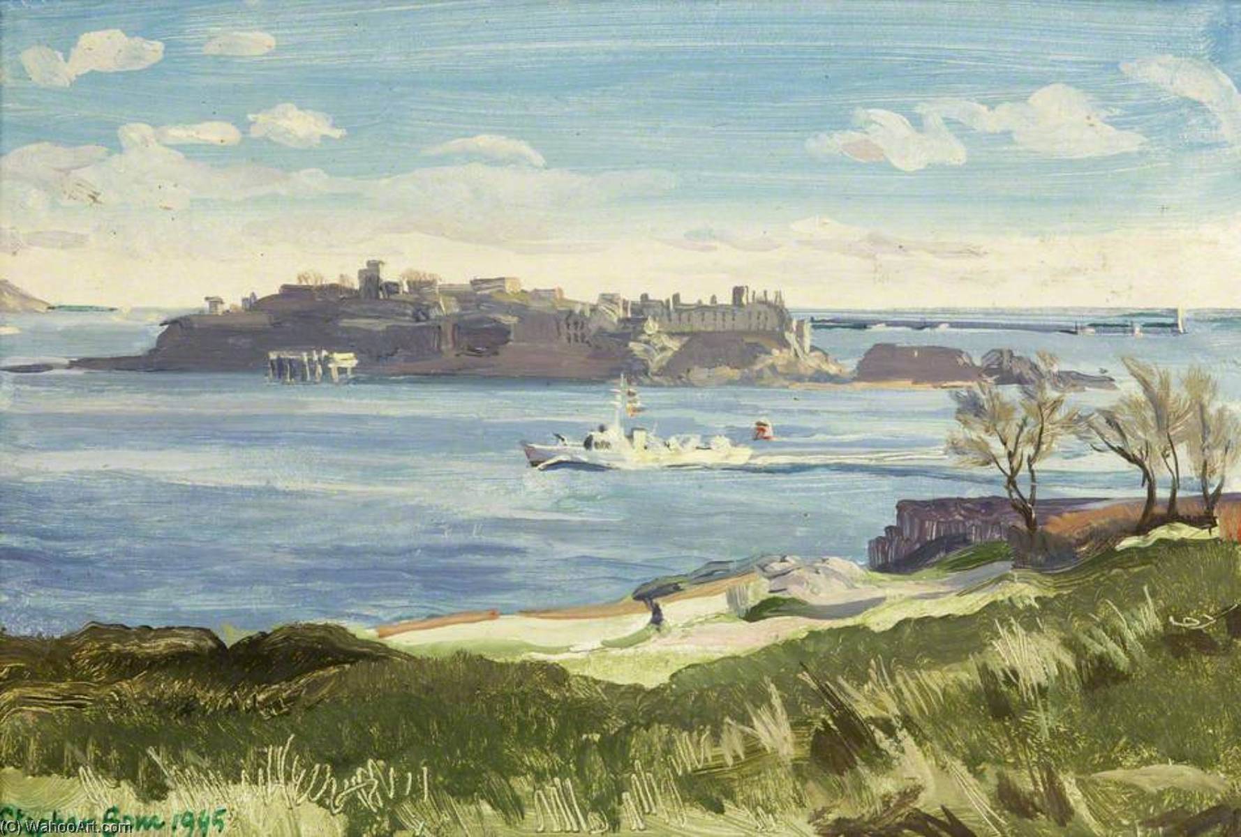 Motor Launch Passing Drake's Island, Plymouth Sound — Stephen Bone