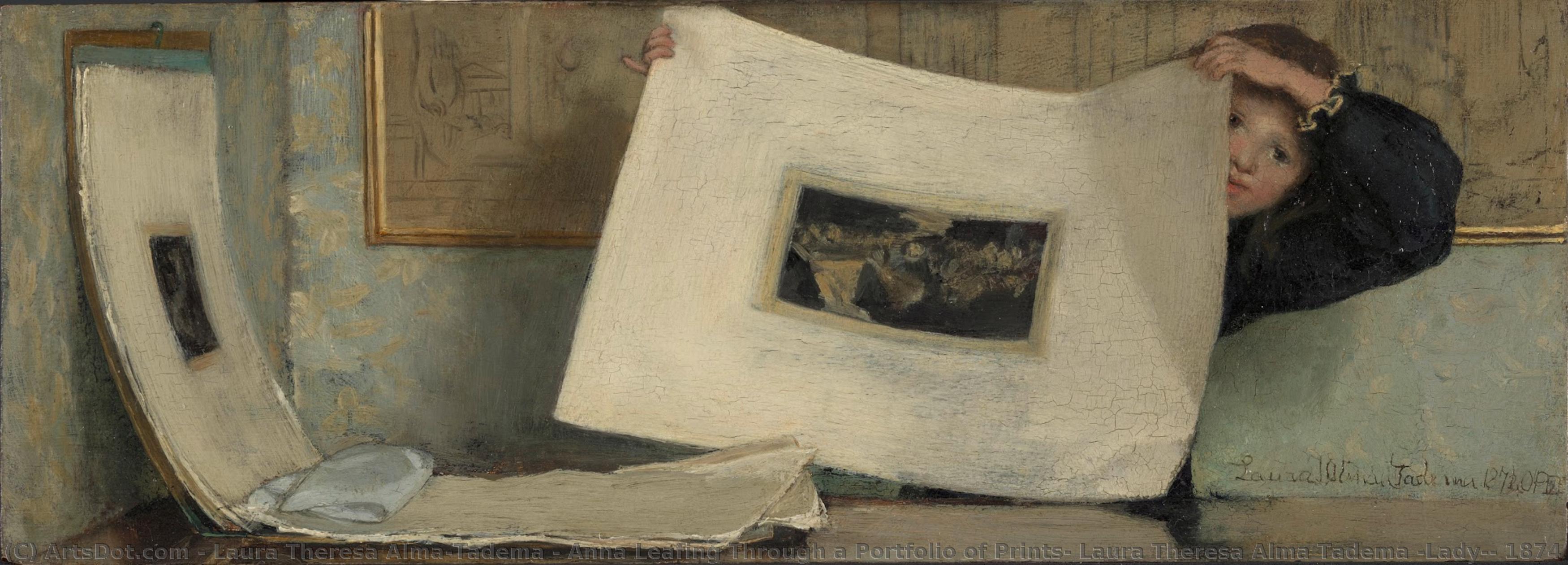 Anna Leafing Through A Portfolio Of Prints, Laura Theresa Alma Tadema (lady), 1874 — Laura Theresa Alma-tadema