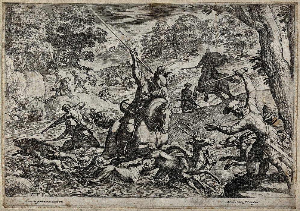 A Tumultous Hunting Scene In Which A Stag Is Hunted Into The — Antonio Tempesta