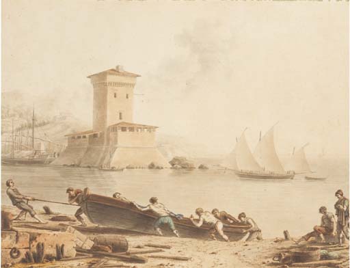 Sailors Hauling A Boat Up A Beach, A Tower Seen Across A Bay Beyond — Victor Jean Nicolle