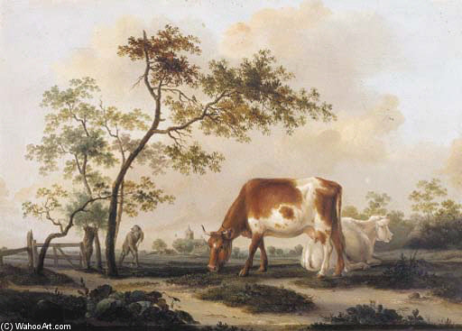 Cows On A Farmyard With A Village In The Distance, In Summer — Pieter Gerardus Van Os