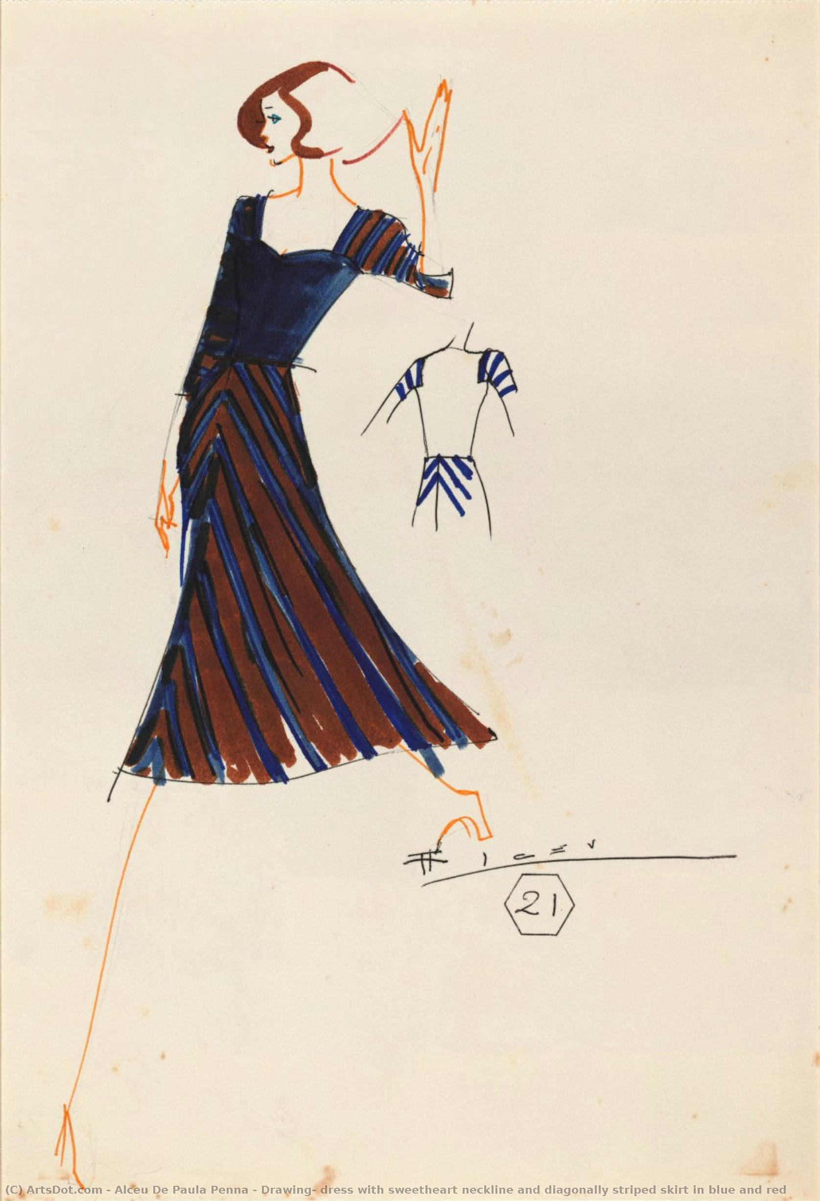 Drawing, Dress With Sweetheart Neckline And Diagonally Striped Skirt In Blue And Red — Alceu De Paula Penna