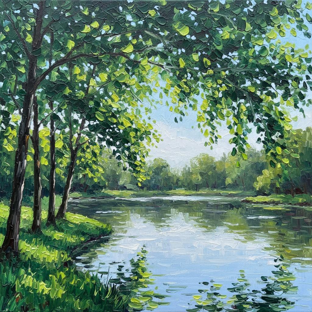 Verdant Embrace: Reflections Of Light Across The Tranquil Water's Edge. — Laurent Fontaine