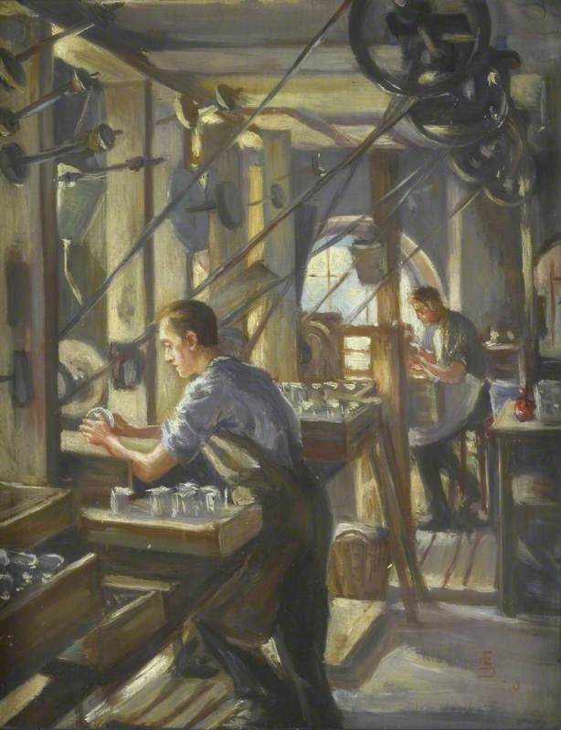 Whitefriars Glass Works, Cutting Shop, Using Belt Driven Lathes — Edgar Seligman
