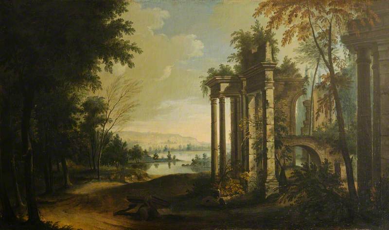 A Landscape With A River And Classical Ruins — Johann Heinrich Müntz