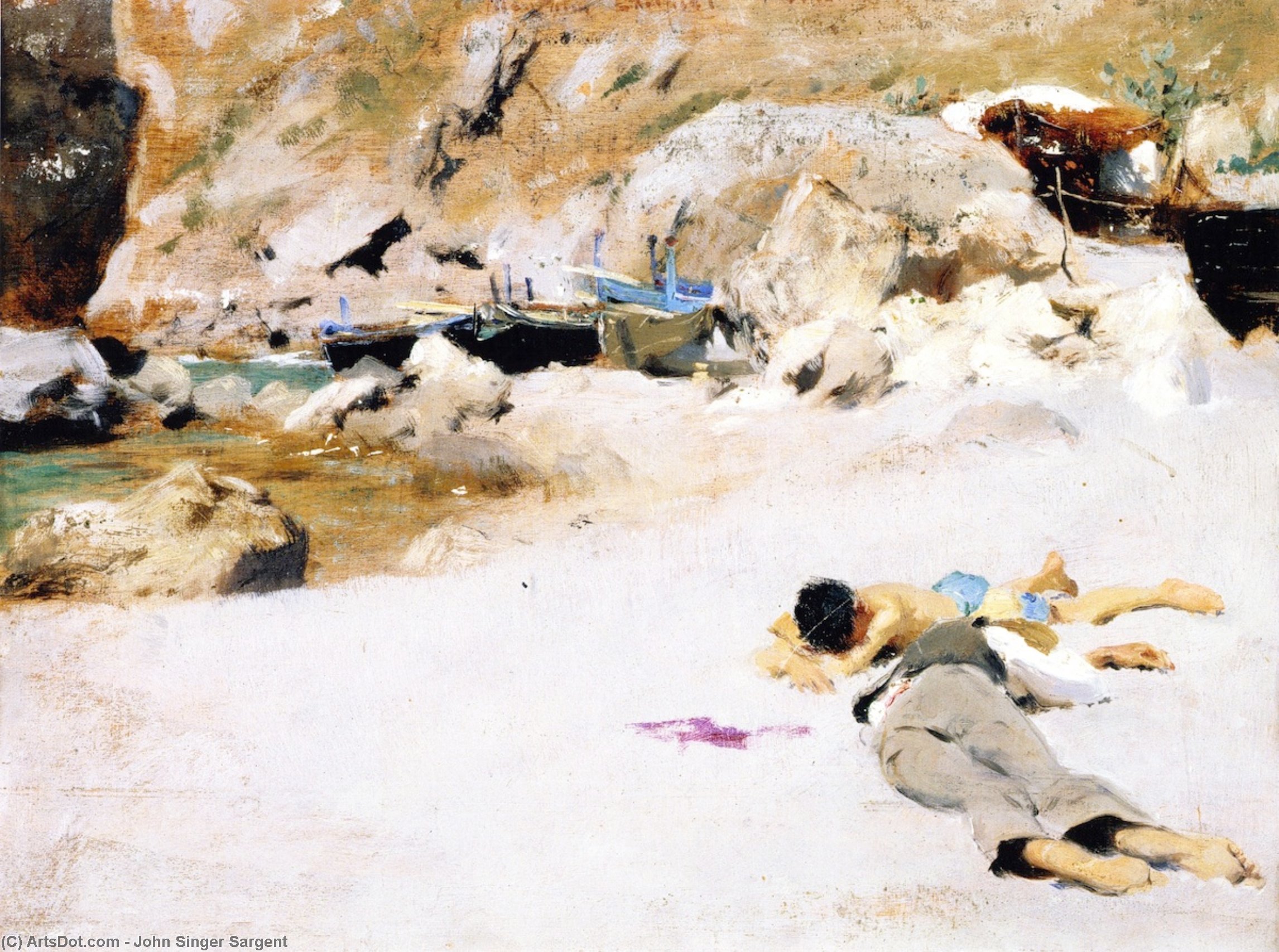 Two Boys On A Beach With Boats — John Singer Sargent