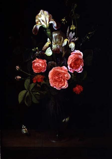 Flowers In A Glass Vase With A Butterfly On A Ledge — Frans Ykens