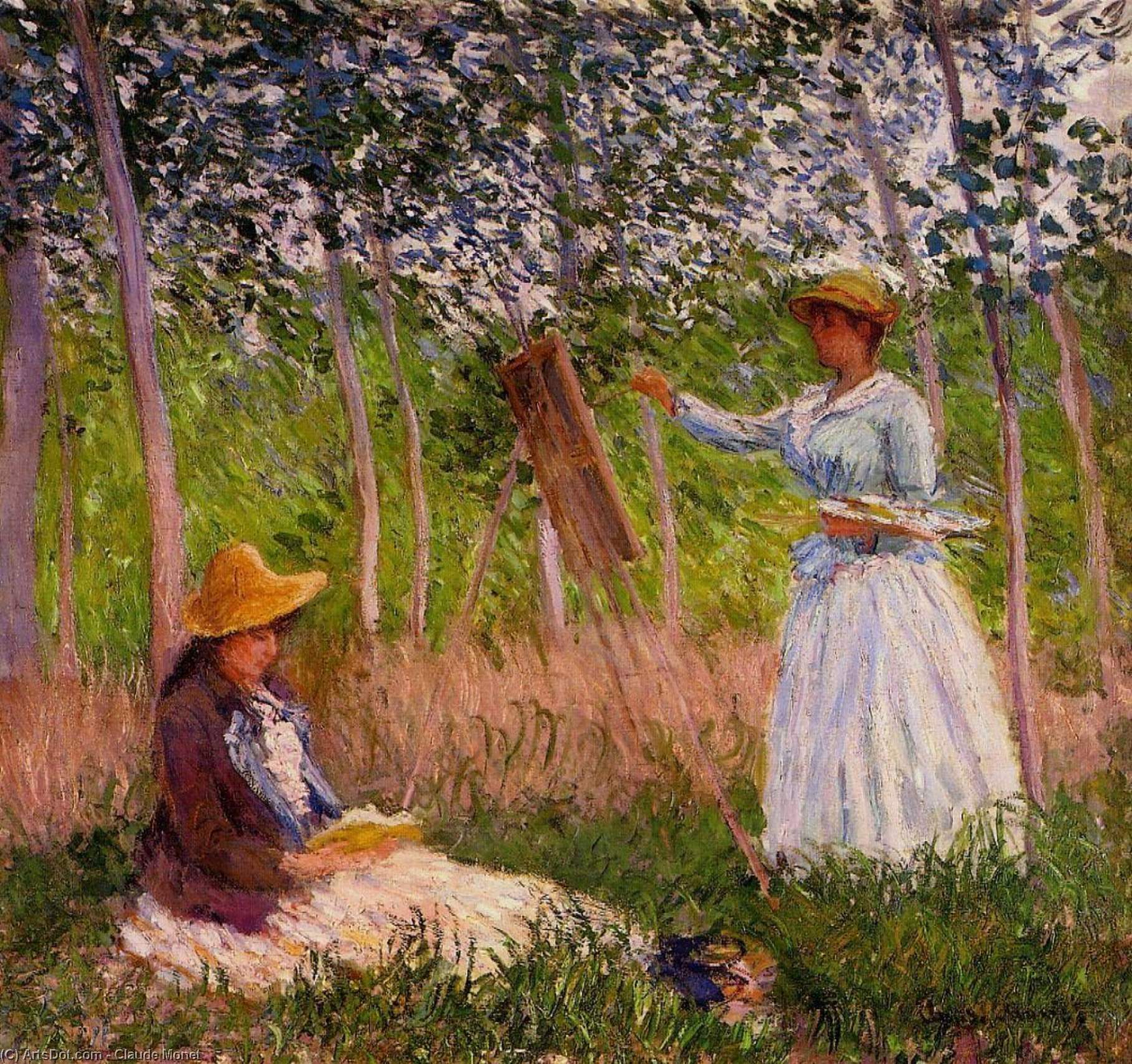 Suzanne Reading And Blanche Painting By The Marsh At Giverny — Claude Monet