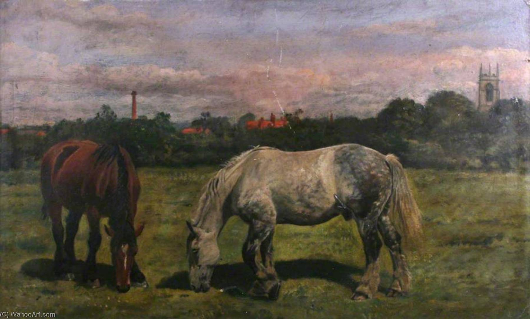 Two Horses Grazing, With A Parish Church Tower In The Distance — William Edward Millner