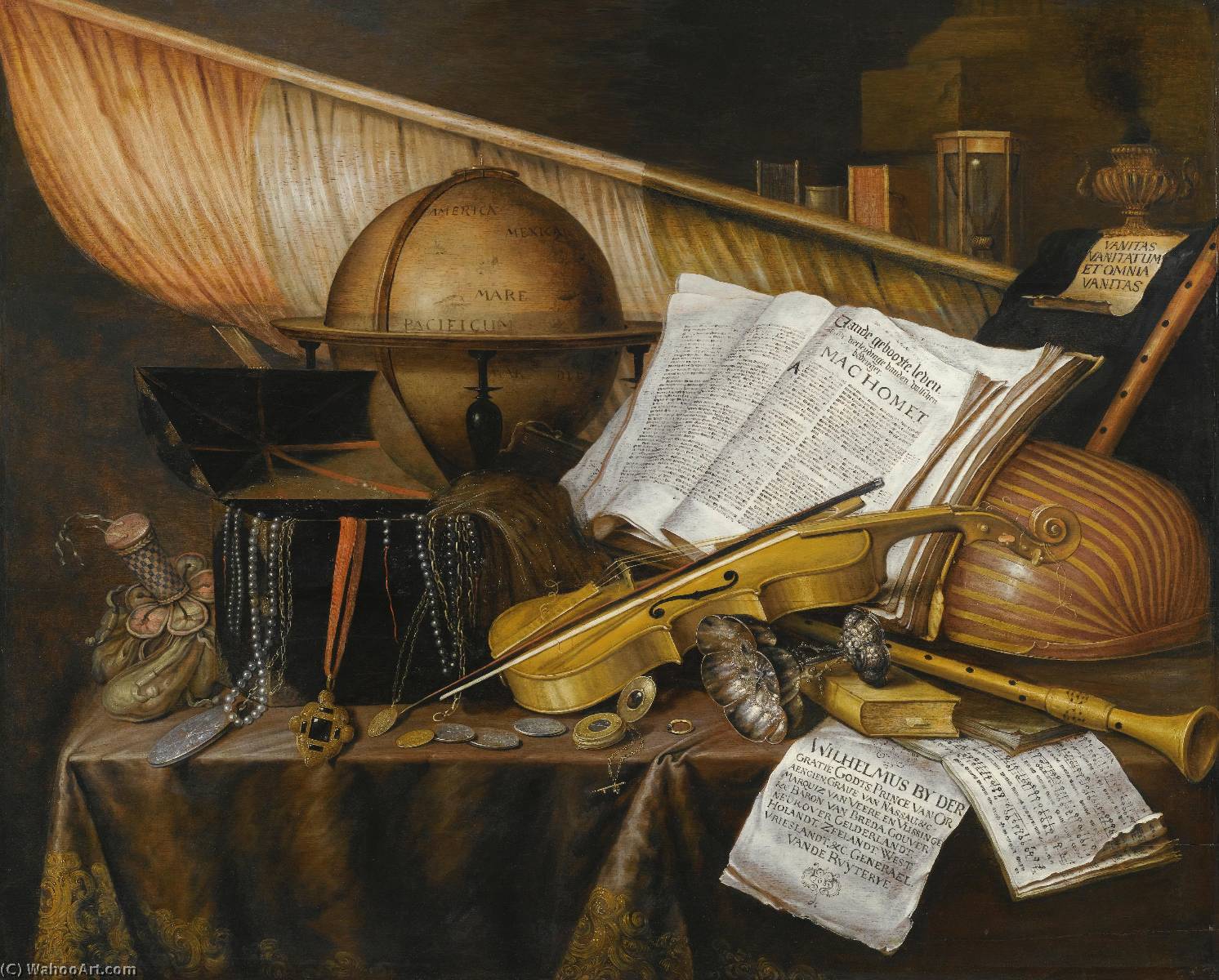 A Vanitas Still Life With Books And Leaflets, A Globe, A Princely Flag, A Musical Score, Musical Instruments And An Hourglass On A Draped Table With A Silver Tazza, Coins, A Watch And A Purse — Edwaert Collier