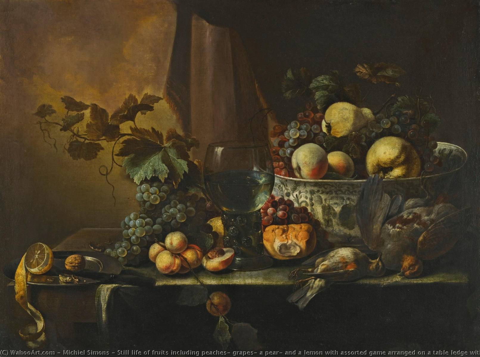 Still Life Of Fruits Including Peaches, Grapes, A Pear, And A Lemon With Assorted Game Arranged On A Table Ledge With A Roemer And A Porcelain Bowl — Michiel Simons
