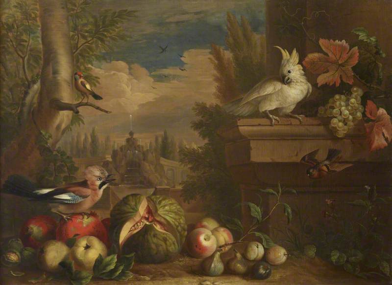 Birds And Fruit In A Landscape With A Fountain In The Background — Jakab Bogdány