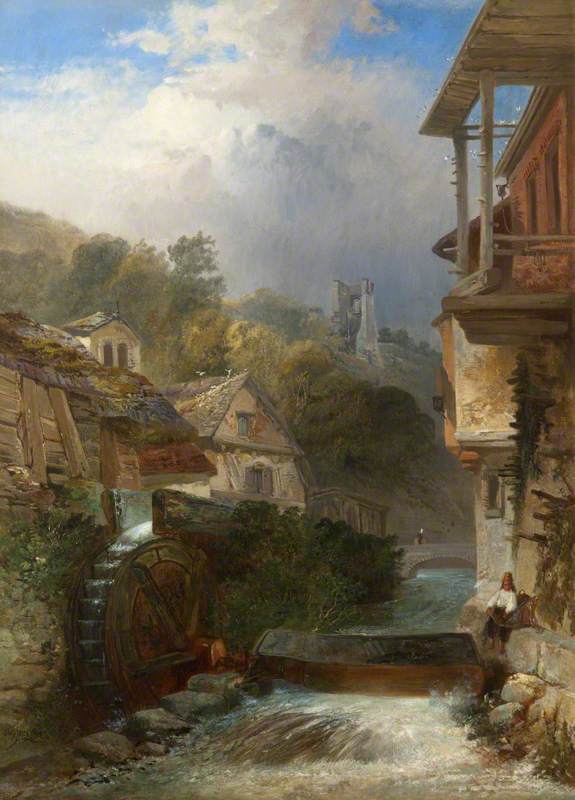 River With Watermill And Village Beyond — James Vivien De Fleury