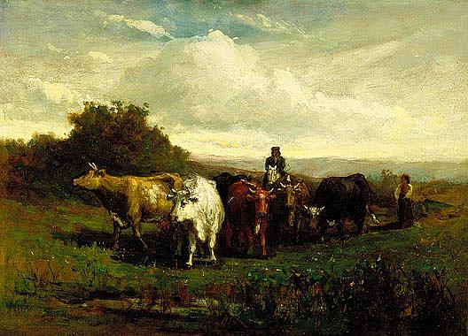 Untitled (man On Horseback, Woman On Foot Driving Cattle), (painting) — Edward Mitchell Bannister