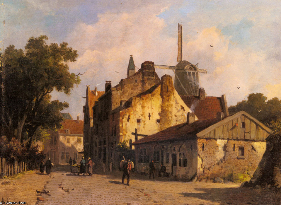 Village Scene With A Windmill — Adrianus Eversen
