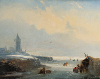 Skaters Reposing At A Koek En Zopie Stand On A Frozen Waterway Near A City — Nicolaas Johannes Roosenboom