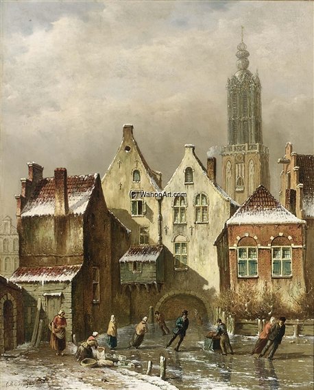 A View Of A Dutch Town With Skaters On A Frozen Canal — Oene Romkes De Jongh