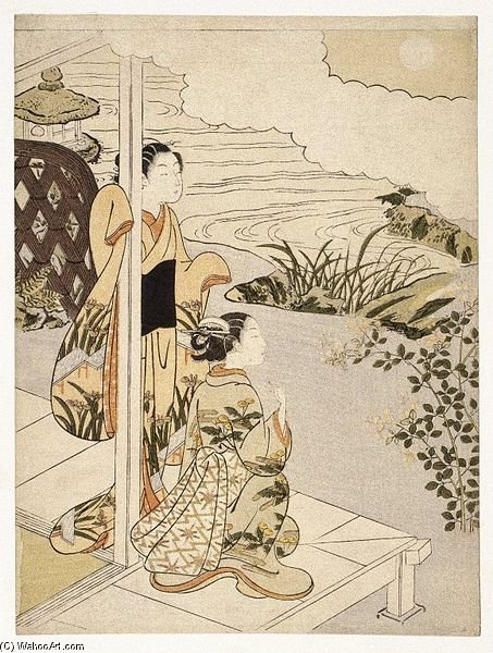 Two Girls On The Veranda Looking At The Moon — Suzuki Harunobu