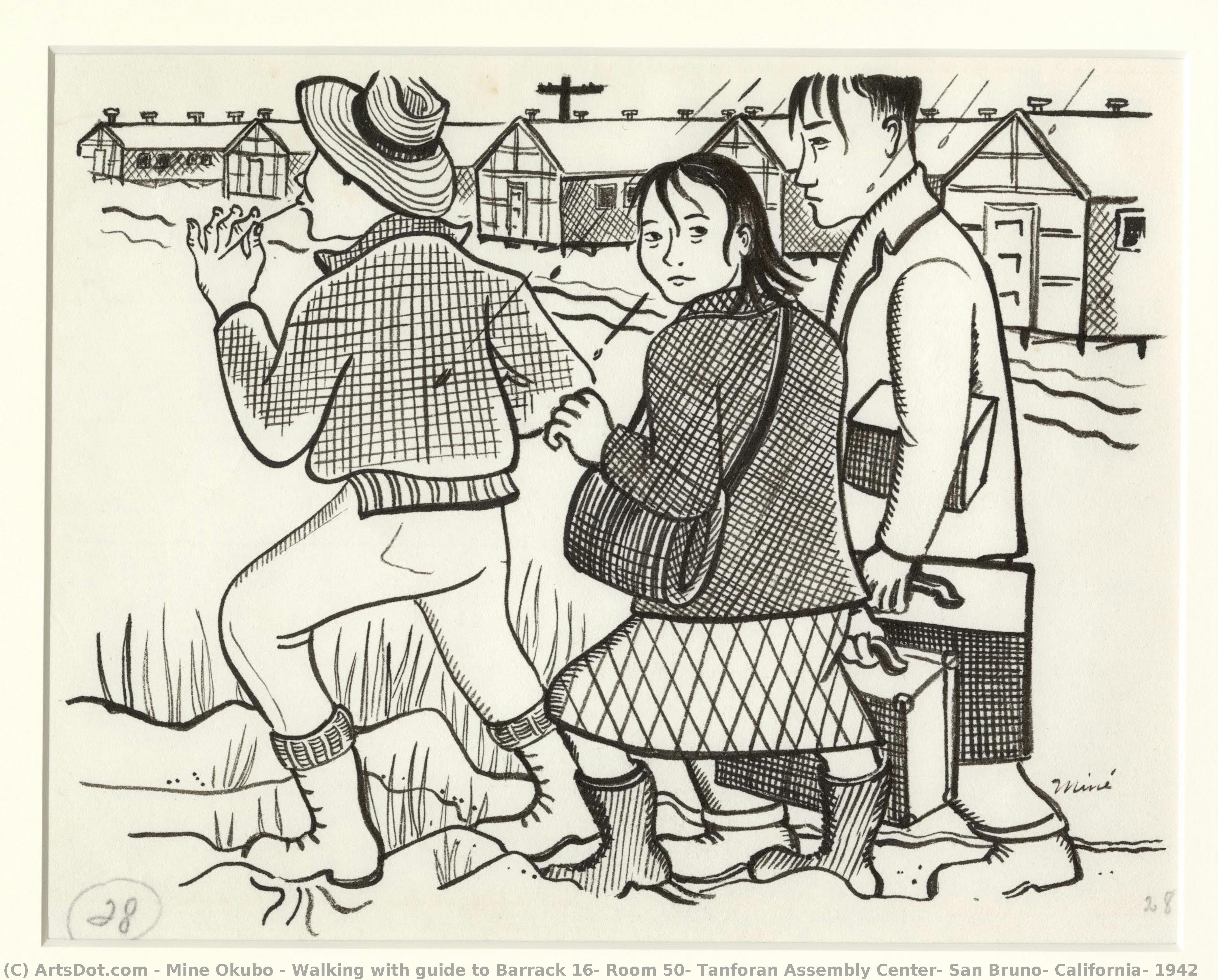 Walking With Guide To Barrack 16, Room 50, Tanforan Assembly Center, San Bruno, California, 1942 — Mine Okubo