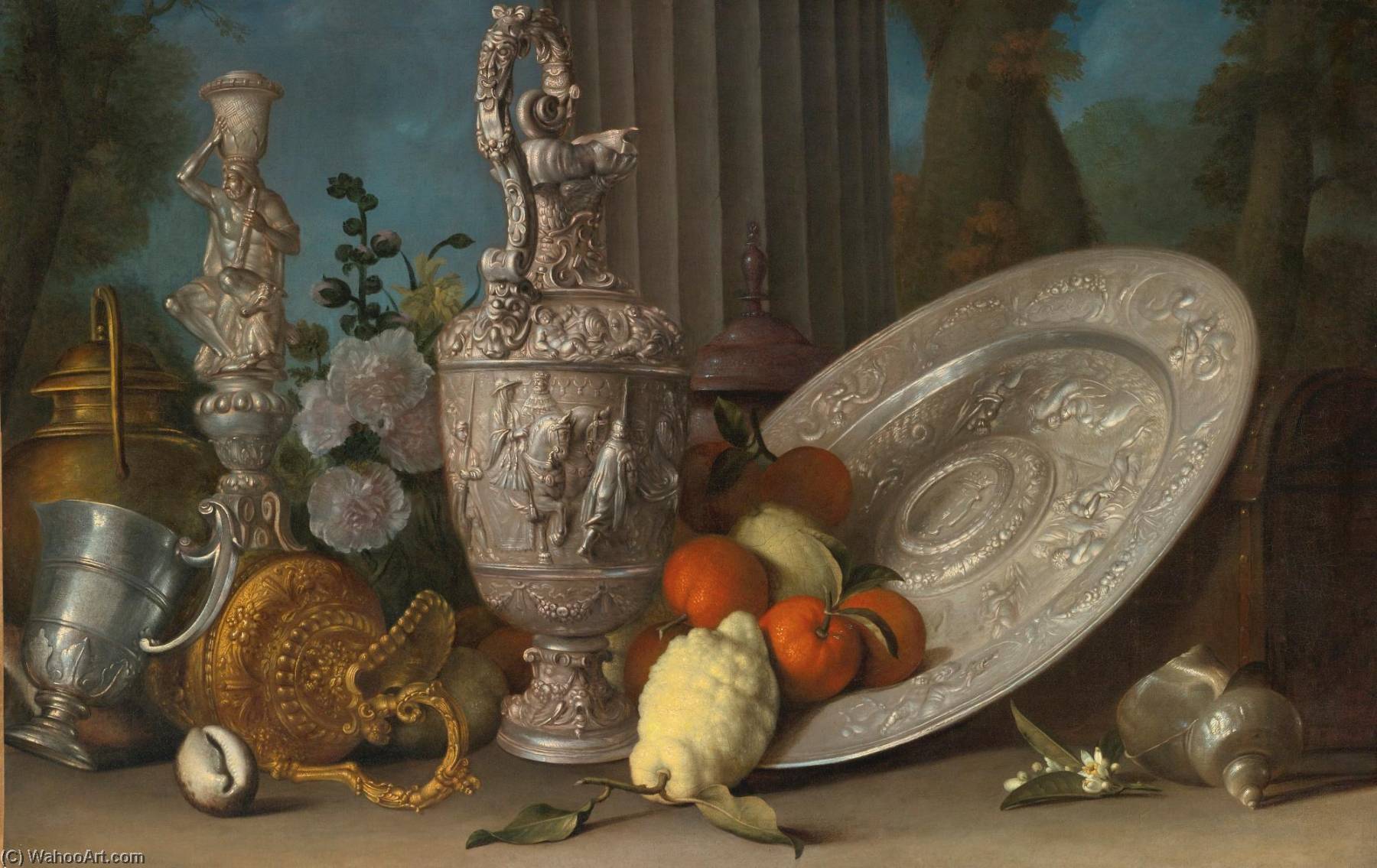 Still Life With Hercules Candlestick, Silver Gilt Ewer, Lemons And Oranges On A Sideboard Dish, Nautilus Shell, And Other Objects Arranged On A Ledge With A Column Beyond — Meiffren Conte
